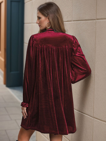 ベルベットドレス バーガンディ Vネック 長袖 冬 シック レイヤード 膝丈 ミニドレス