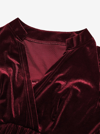 ベルベットドレス バーガンディ Vネック 長袖 冬 シック レイヤード 膝丈 ミニドレス