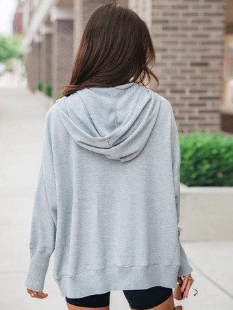 女性用パーカー グレー 長袖 ボタン ポリエステル フード付き スウェットシャツ