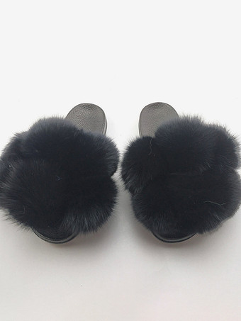 ブラック レディース フェイクファー ウィンタースライド オープントゥ フラットスライドサンダル