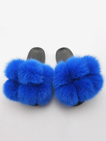 ブルー レディース フェイクファー ウィンタースライド オープントゥ フラットスライドサンダル