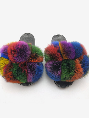 パープル レディース フェイクファー ウィンタースライド オープントゥ フラットスライドサンダル