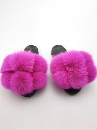 ローズレッドレディース フェイクファー ウィンタースライド オープントゥ フラットスライドサンダル