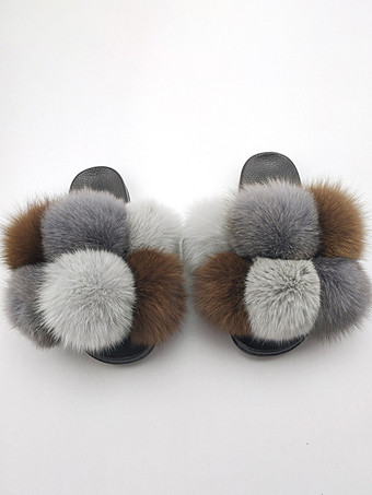ライトグレー レディース フェイクファー ウィンタースライド オープントゥ フラットスライドサンダル