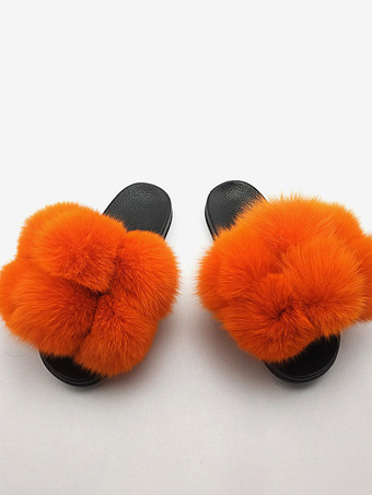 オレンジ レディース フェイクファー ウィンタースライド オープントゥ フラットスライドサンダル