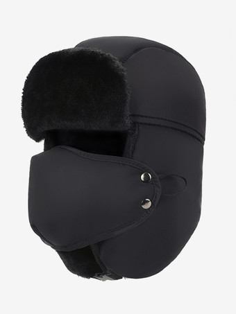 ブラック メンズ 暖かい冬用帽子 快適 防風 防塵 防水 スキー用帽子 取り外し可能なマスク付き