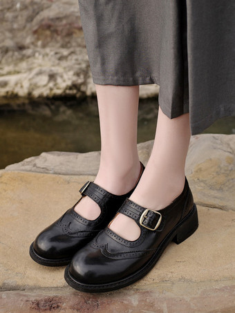 レディース メリージェーン オックスフォード ラウンドトゥ 牛革 バックルディテール オックスフォード