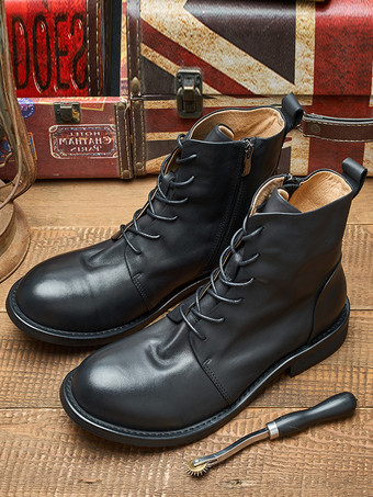 ブラック メンズ ワークブーツ 牛革 シック コーヒーブラウン レースアップ マーティンブーツ