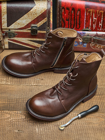 メンズ ワークブーツ 牛革 シック コーヒーブラウン レースアップ マーティンブーツ
