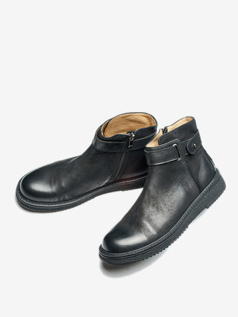 Black Men's Boots Chelsea Boots Black Cowhide Round Toe Ankle Short Boots