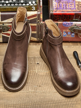 Coffee BrownMen's Boots Chelsea Boots Black Cowhide Round Toe Ankle Short Boots