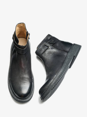 Men's Boots Chelsea Boots Black Cowhide Round Toe Ankle Short Boots