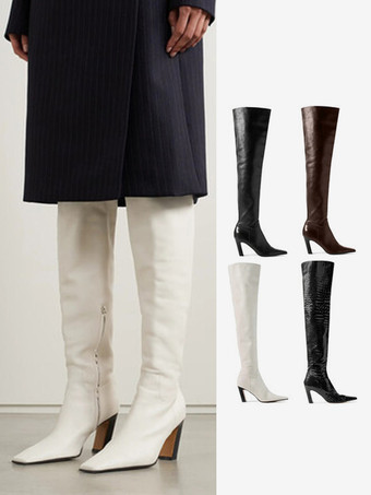 ホワイト セクシーなオーバーニーブーツ、女性用ポインテッドトゥデザインヒールブーツ