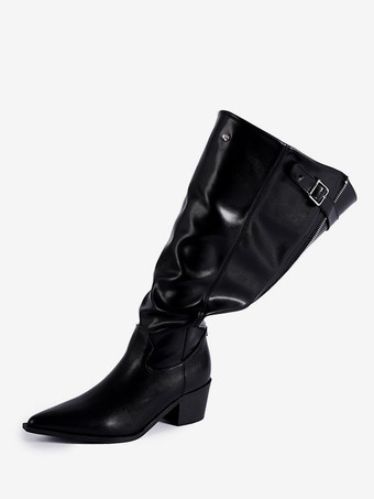 Black Wide Calf Boots Women Pointed Toe Designed Mid Calf Boots