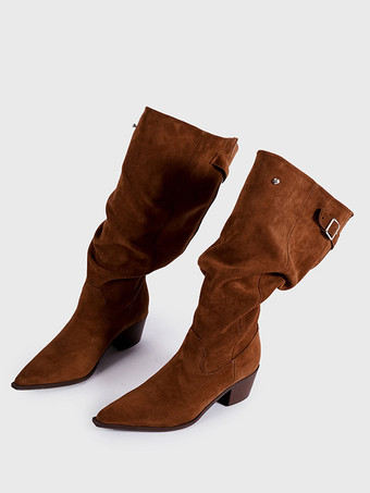 Coffee BrownBlack Wide Calf Boots Women Pointed Toe Designed Mid Calf Boots