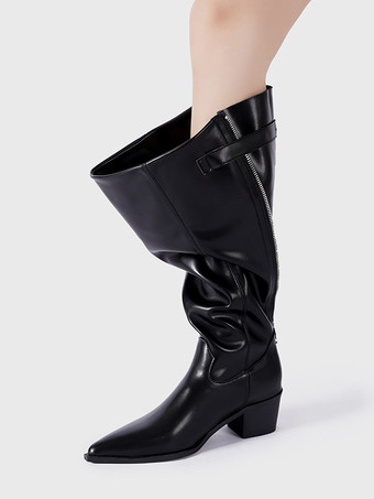 PU BlackBlack Wide Calf Boots Women Pointed Toe Designed Mid Calf Boots