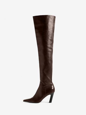 ブラウン セクシーなオーバーニーブーツ、女性用ポインテッドトゥデザインヒールブーツ