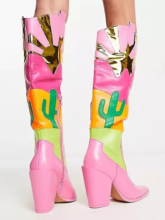 ピンクのウエスタンブーツ レディース ポインテッドトゥ プリント ハイヒール ニーハイブーツ