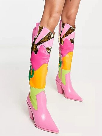 ピンクのウエスタンブーツ レディース ポインテッドトゥ プリント ハイヒール ニーハイブーツ