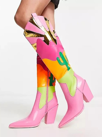 ピンクピンクのウエスタンブーツ レディース ポインテッドトゥ プリント ハイヒール ニーハイブーツ