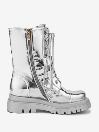 シルバー コンバットブーツ ラウンドトゥ バックルディテール ジップアップ レースアップ アンクルブーツ