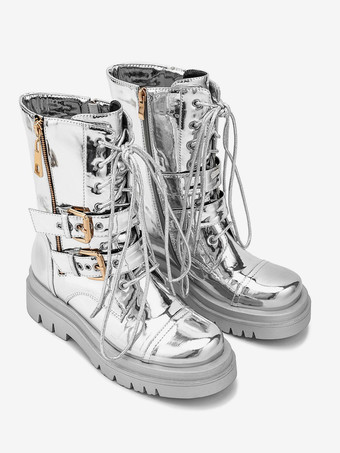 シルバー コンバットブーツ ラウンドトゥ バックルディテール ジップアップ レースアップ アンクルブーツ