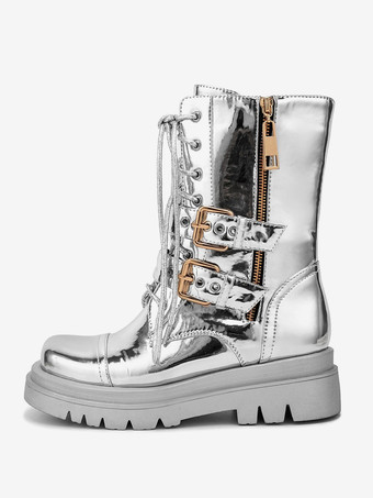 シルバー シルバー コンバットブーツ ラウンドトゥ バックルディテール ジップアップ レースアップ アンクルブーツ