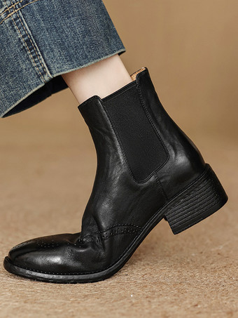 ブラック コーヒーブラウンのチェルシーブーツ ラウンドトゥ ブローグディテール アンクルブーツ