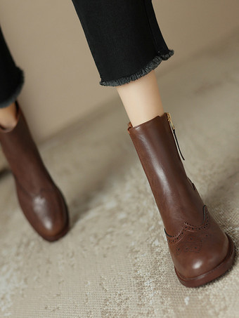 レディース アンクルブーツ ブラック 牛革 ラウンドトゥ ジップアップ ブーティ