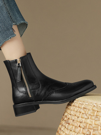 レディース アンクルブーツ ブラック 牛革 ラウンドトゥ ジップアップ ブーティ