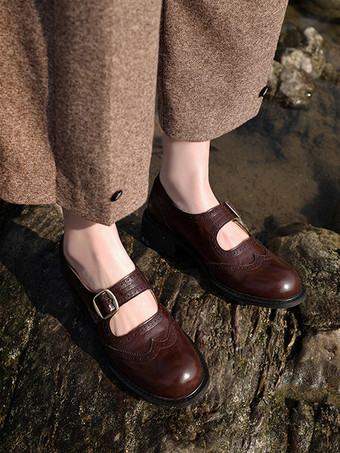 レディース メリージェーン オックスフォード ラウンドトゥ 牛革 バックルディテール オックスフォード