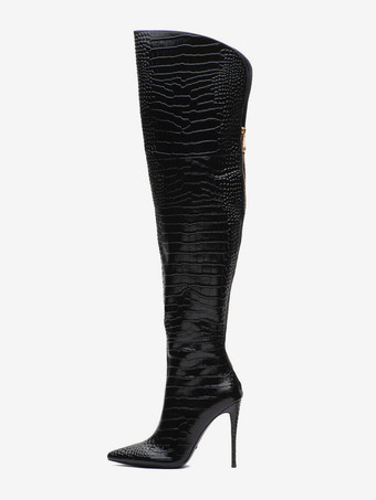 ブラック レディース オーバーニーブーツ ストーンパターン ハイヒール サイハイブーツ