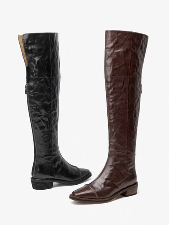 フラットオーバーニーブーツ ブラウン レディース ポインテッドトゥ サイハイブーツ