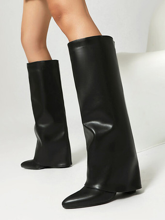 ブラック ピンクの折り返しニーハイブーツ レディース ポインテッドトゥ チャンキーヒールブーツ