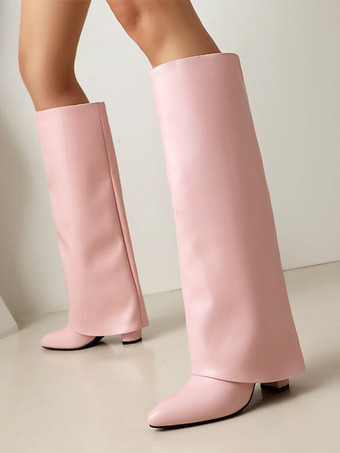 ピンクピンクの折り返しニーハイブーツ レディース ポインテッドトゥ チャンキーヒールブーツ