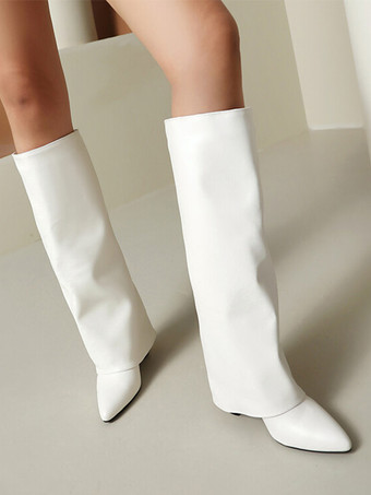 ピンクの折り返しニーハイブーツ レディース ポインテッドトゥ チャンキーヒールブーツ