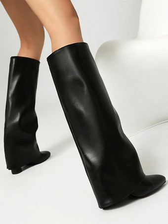 ピンクの折り返しニーハイブーツ レディース ポインテッドトゥ チャンキーヒールブーツ