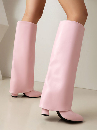 ピンクの折り返しニーハイブーツ レディース ポインテッドトゥ チャンキーヒールブーツ