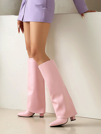ピンクの折り返しニーハイブーツ レディース ポインテッドトゥ チャンキーヒールブーツ