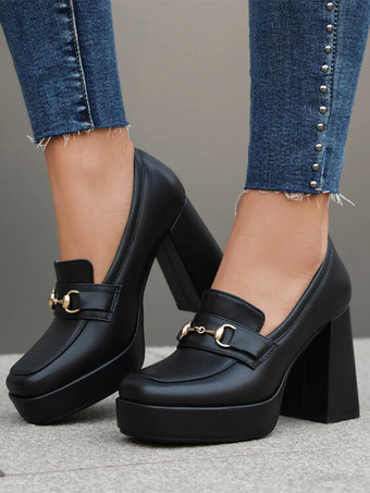 ブラック レディース プラットフォーム ローファー メタルディテール チャンキーヒール パンプス