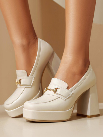 ホワイト レディース プラットフォーム ローファー メタルディテール チャンキーヒール パンプス