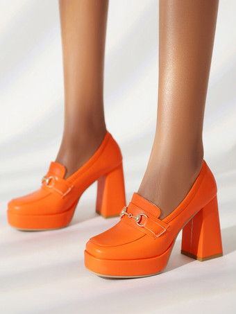 ブリックレッドレディース プラットフォーム ローファー メタルディテール チャンキーヒール パンプス