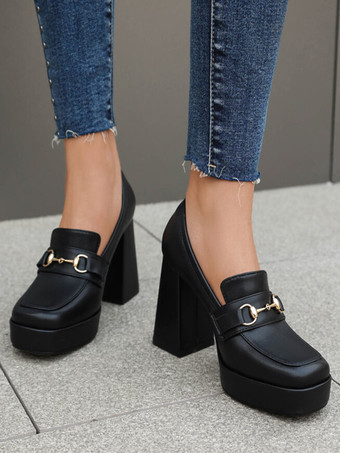 レディース プラットフォーム ローファー メタルディテール チャンキーヒール パンプス