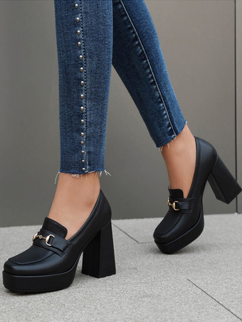 レディース プラットフォーム ローファー メタルディテール チャンキーヒール パンプス