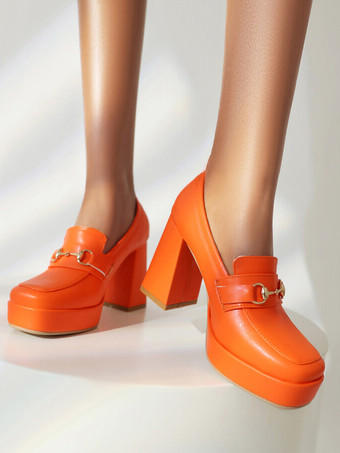 レディース プラットフォーム ローファー メタルディテール チャンキーヒール パンプス