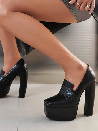 ブラック レディース プラットフォーム ローファー チャンキーヒール ストーン柄 スリッポン パンプス