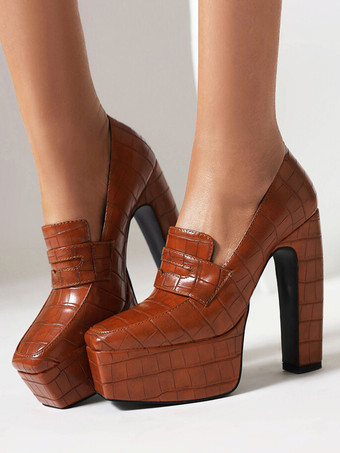 ブラウン レディース プラットフォーム ローファー チャンキーヒール ストーン柄 スリッポン パンプス