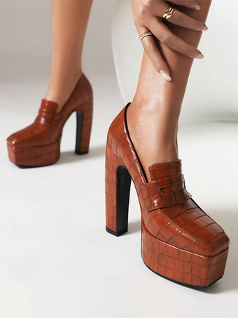 レディース プラットフォーム ローファー チャンキーヒール ストーン柄 スリッポン パンプス