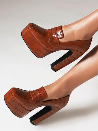 レディース プラットフォーム ローファー チャンキーヒール ストーン柄 スリッポン パンプス