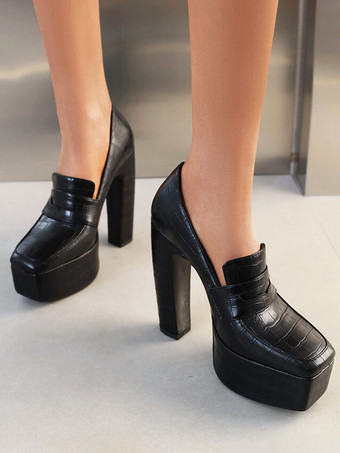 レディース プラットフォーム ローファー チャンキーヒール ストーン柄 スリッポン パンプス